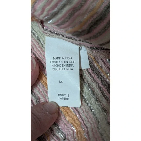 Lucky Brand Womens Top Large Pink Orange Metallic Striped Cotton Shirt‎ Popover - Picture 4 of 9